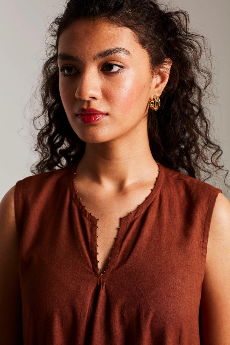 Mocha Co-Linen Sleeveless Flared Kurta Set cotton by Saphed in brown color for women Worldwide