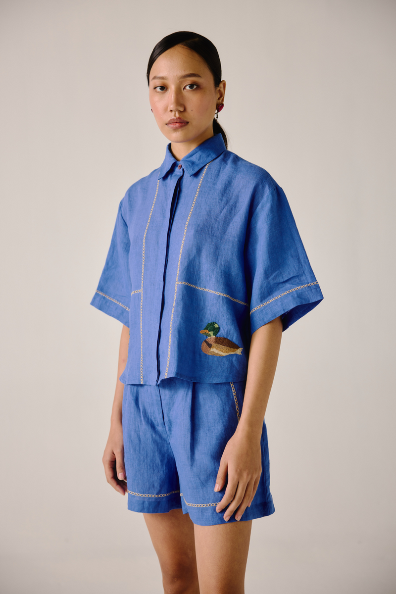 Leo Set - Electric Blue Duck Embroidery by CORD in blue for women Worldwide