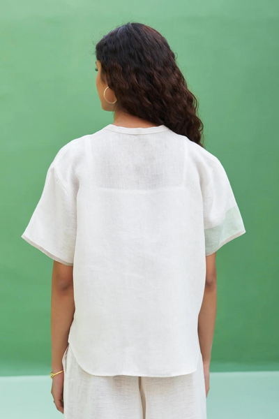 Kol Border Linen Crop Shirt - Ivory