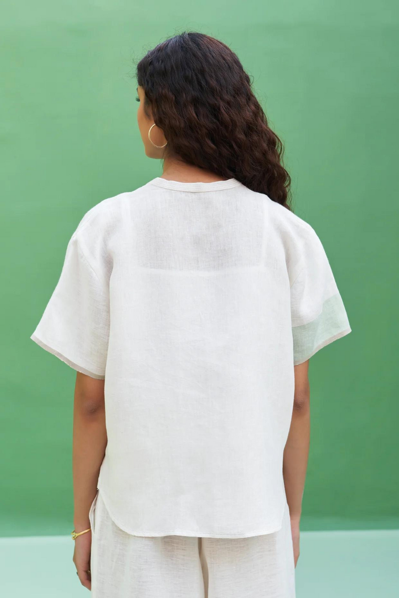 Kol Border Linen Co-ord Set - Ivory linen by Manan in ivory color for women Worldwide