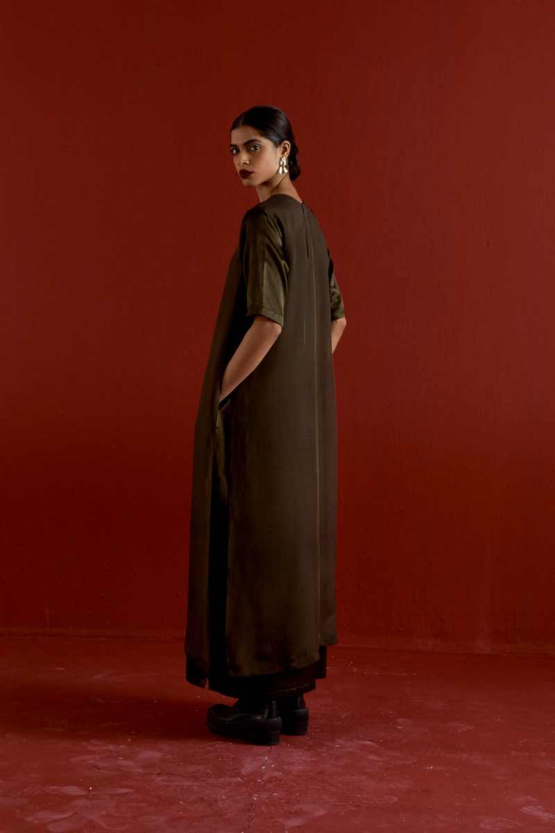GOTA PATTI DETAIL DOUBLE LAYER DRESS-DARK OLIVE satin by THREE in olive color for women Worldwide
