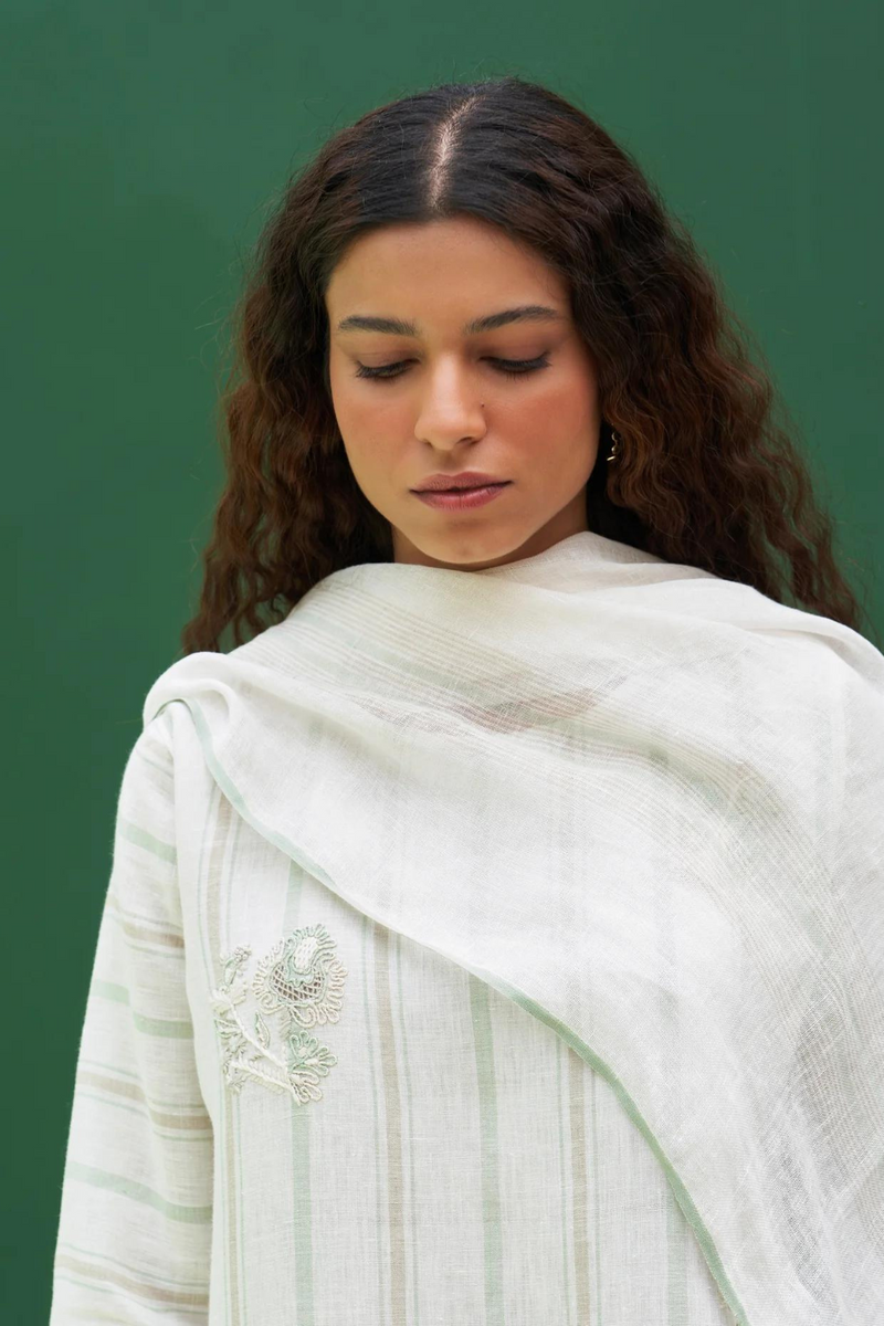 Kuma Stripe Border Linen Dupatta
 -Mint linen by Manan in ivory color for women Worldwide