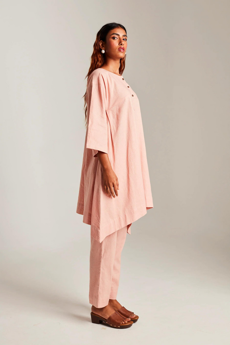 Rose Co-Linen High Low Kurta cotton by Saphed in peach color for women Worldwide