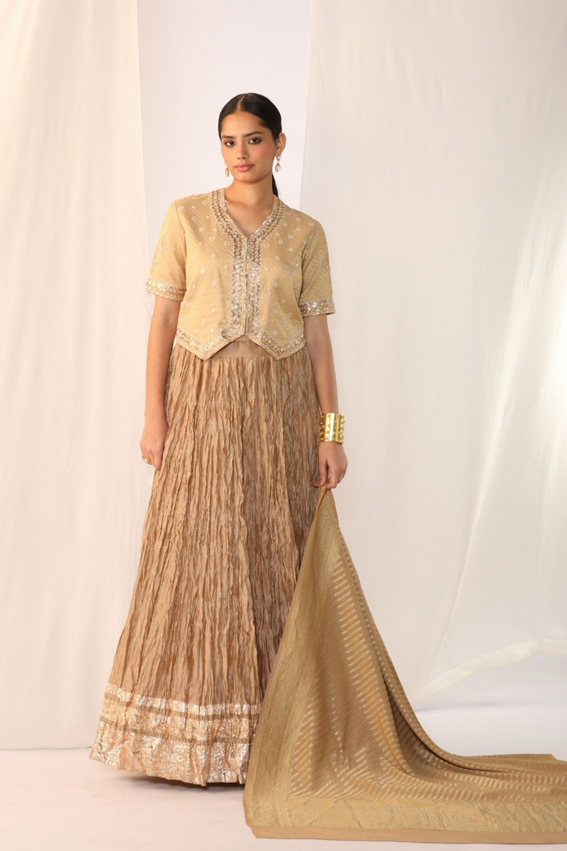 Brocade waistcoat paired with a crushed skirt-Champagne mist silk by Myoho in beige color for women Worldwide