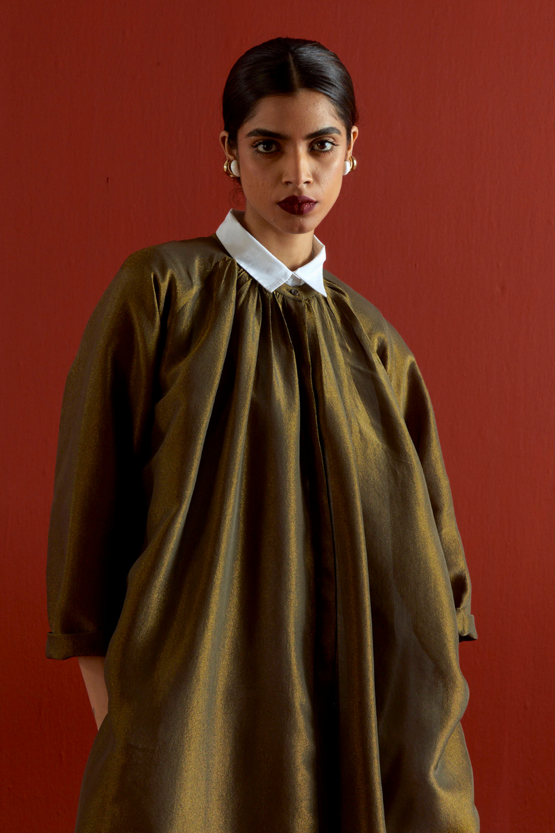 GATHER NECK SHIRT CO-ORD-OLIVE GOLD tissue by THREE in gold color for women Worldwide
