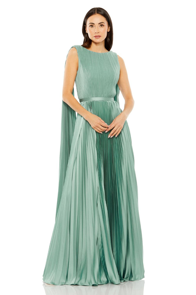 49716-Sleeveless High Neck Cape Back Heat Pleated Gown satin by Mac Duggal in blue color for women Worldwide