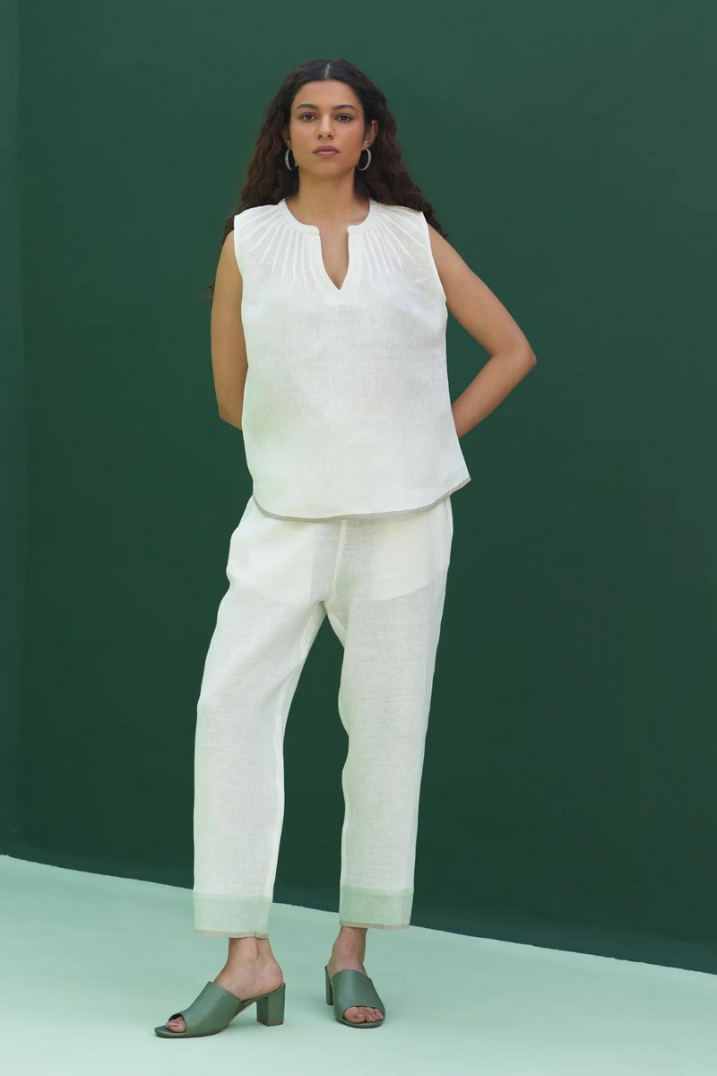 Emi Border Linen Top
 - Ivory linen by Manan in ivory color for women Worldwide