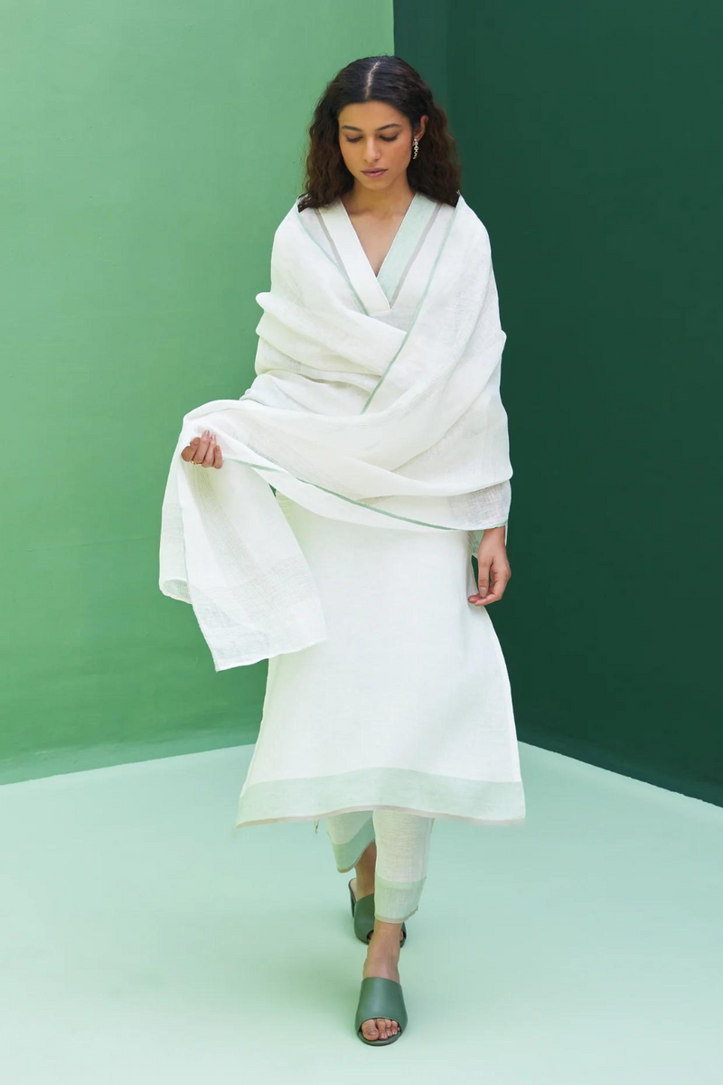 June Border Linen Kurta Set
 - Ivory linen by Manan in ivory color for women Worldwide