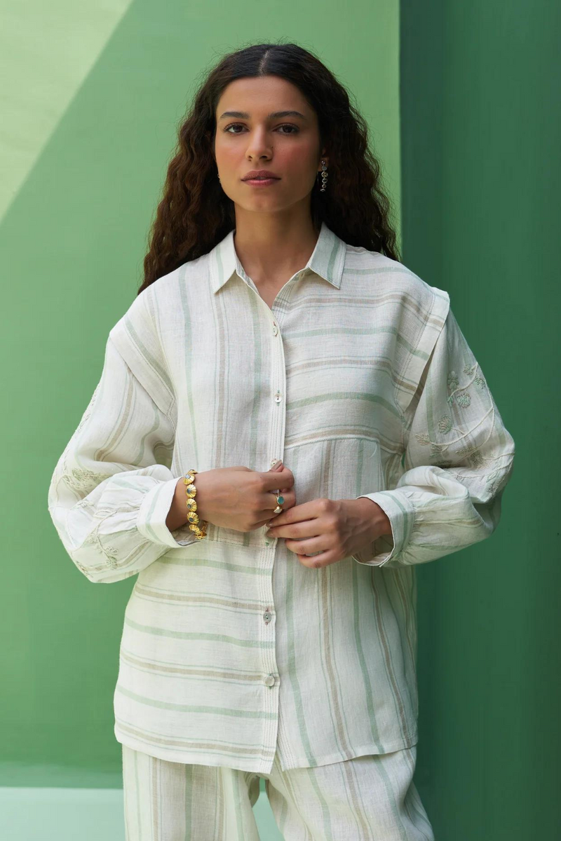Akra Striped Linen Co-ord Set
 - Mint linen by Manan in mint color for women Worldwide