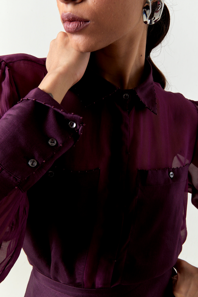 BEADED COLLAR SHEER SHIRT CO-ORD-WINE organza by THREE for women Worldwide