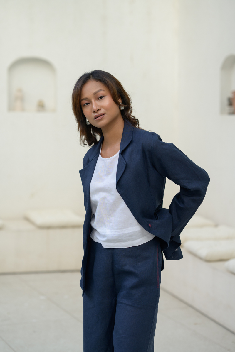 Midnight Line Suit linen co-ord set by Zanzibar Living in midnight blue for women Worldwide