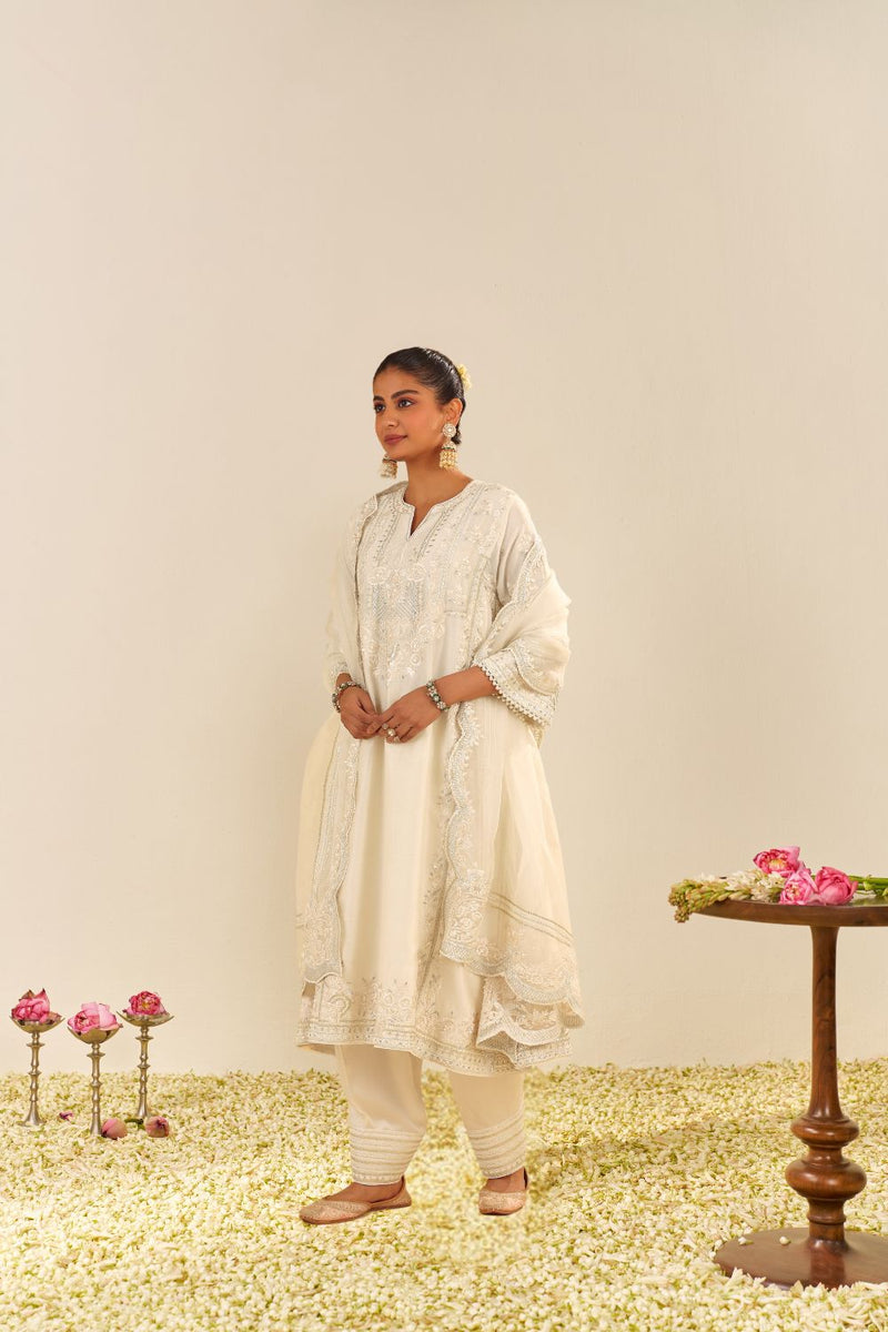 Maziya - Long Chauga With Salwar And Dupatta-Daisy Ivory silk by SHEETAL BATRA in ivory color for women Worldwide