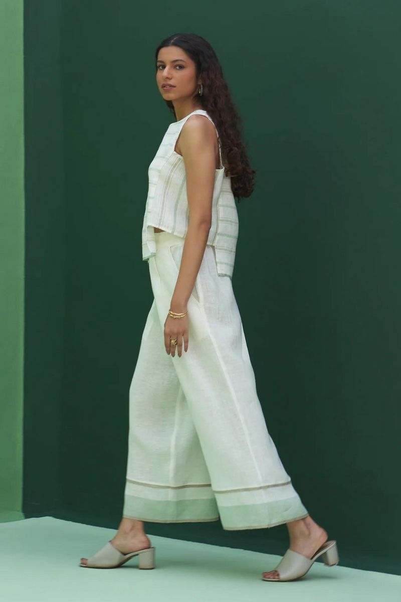 Mara Border Linen Pant
 - Ivory linen by Manan in ivory color for women Worldwide