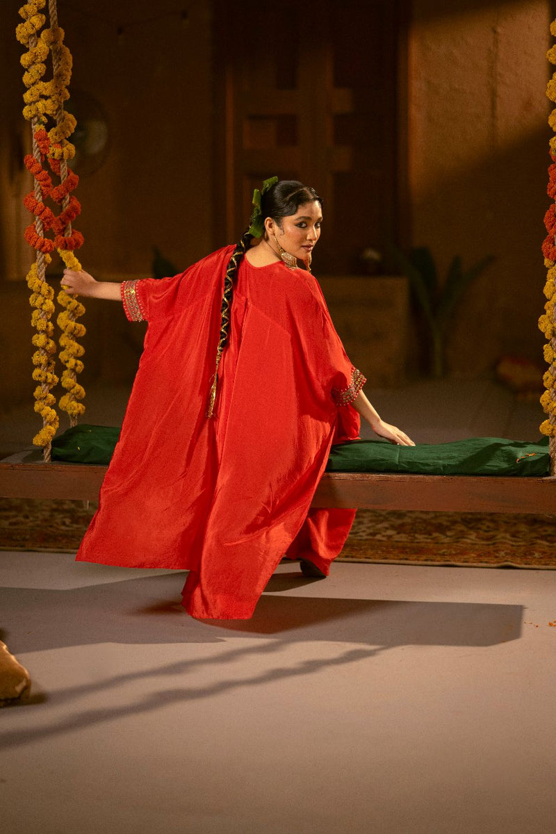 Ramani Nexa Red Hi Low Top & Wrap Skirt Set- Red silk by PRAHNAAYA in red color for women Worldwide