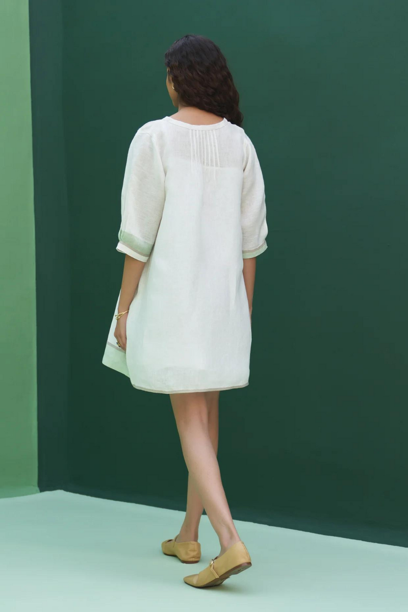 Yima Border Linen Dress
 - Ivory linen by Manan in ivory color for women Worldwide