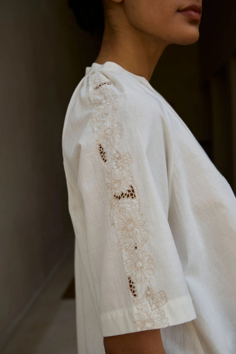 Bheer Handwoven Embroidered Top cotton by The Summer House in white color for women Worldwide