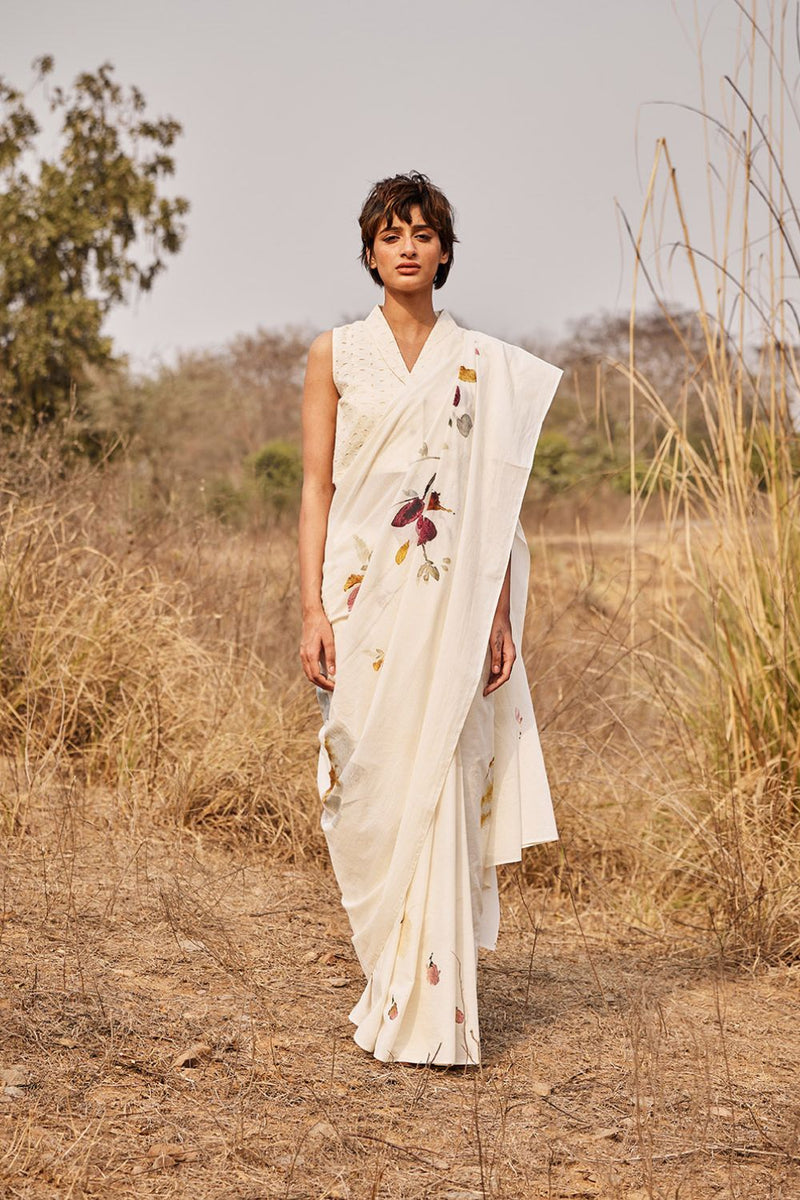 Ketaki saree with Jui blouse cotton by Khara Kapas in white for women Worldwide