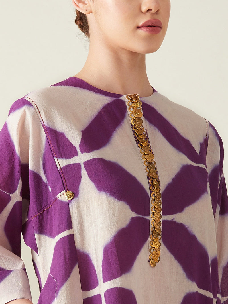 Purple Clamp Dye Embroidered Co ord set cotton Artisan made - Block Printed by Aavidi for women Worldwide