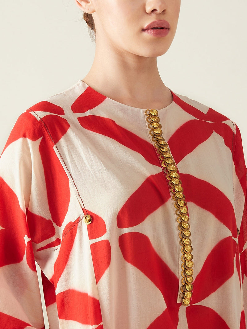 Red Clamp Dye Embroidered Co ord set cotton Artisan made - Block Printed by Aavidi for women Worldwide