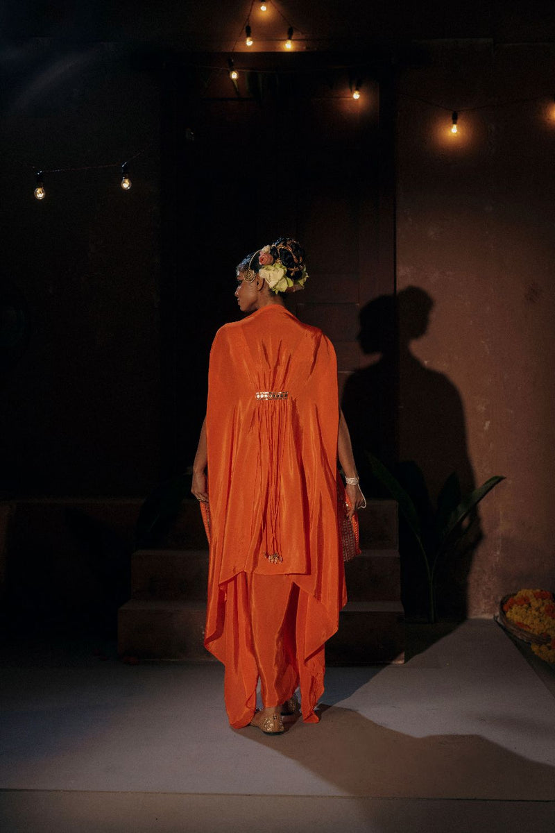 Mangala Blouse Skirt & Cape Set- Orange silk by PRAHNAAYA in orange color for women Worldwide