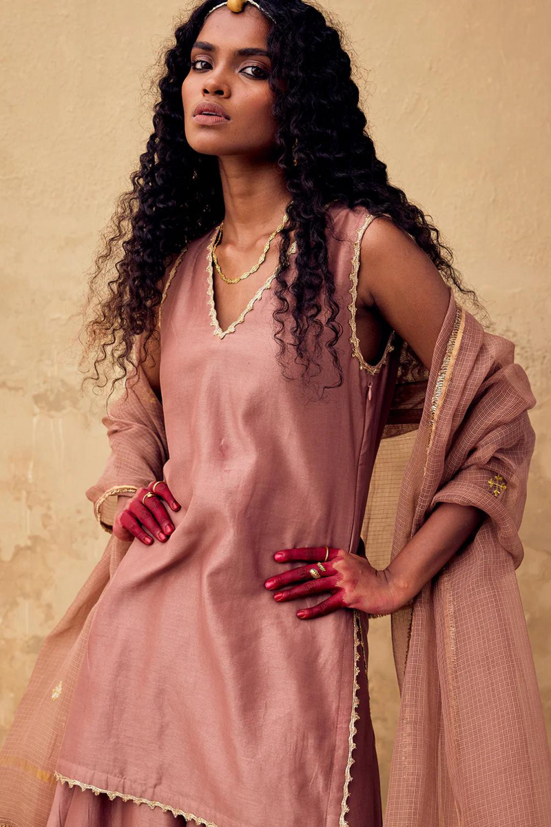 Kishmish Sharara set with Dupatta chanderi by Khara Kapas in brown for women Worldwide