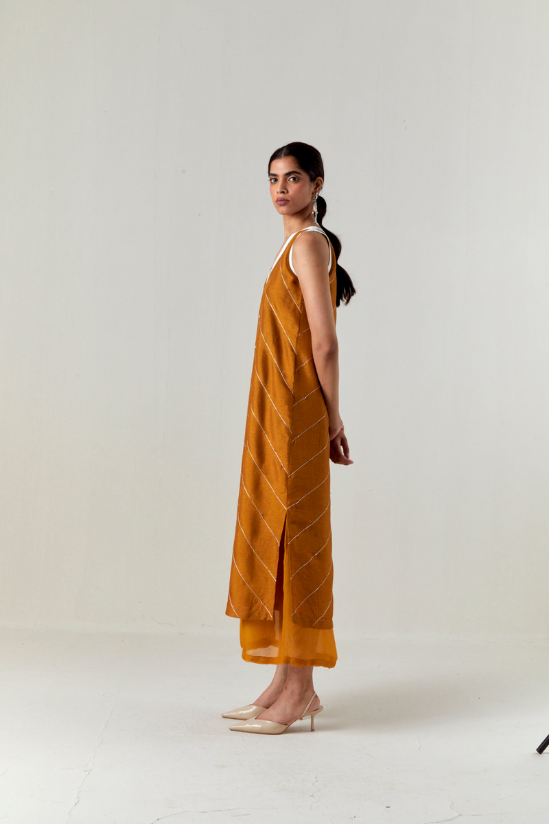 V-NECK EMBELLISHMENT DETAIL DRESS-OCHRE silk by THREE for women Worldwide