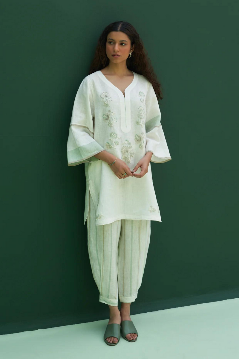 Insha Hand-Embroidered Kurta
 - Ivory linen by Manan in ivory color for women Worldwide