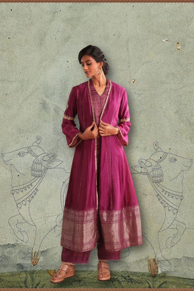 Surmai Jamuni Jacket chanderi by Myoho in pink color for women Worldwide