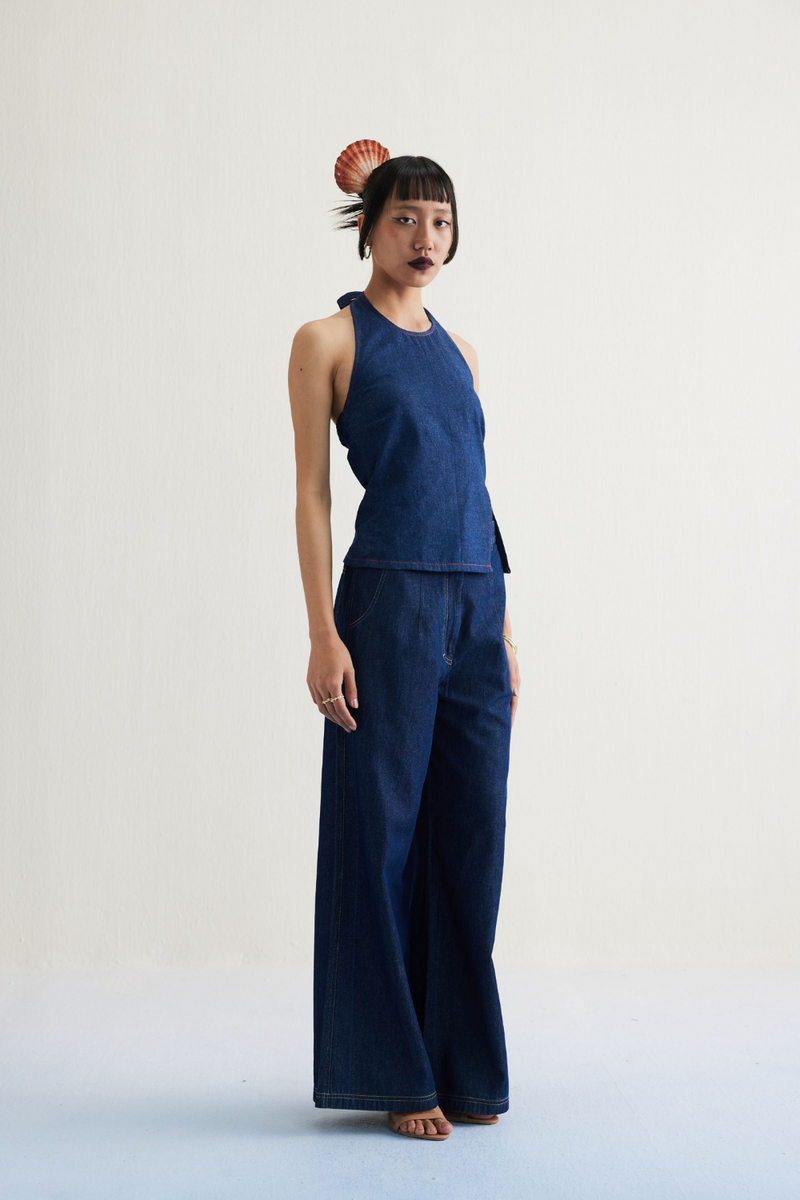 Deepwater Denim Halter Top cotton by SUI in blue color for women Worldwide