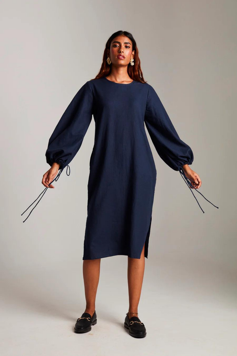 Navy Co-Linen Balloon Sleeves Dress cotton by Saphed in navy color for women Worldwide
