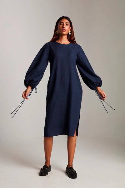 Navy Co-Linen Balloon Sleeves Dress