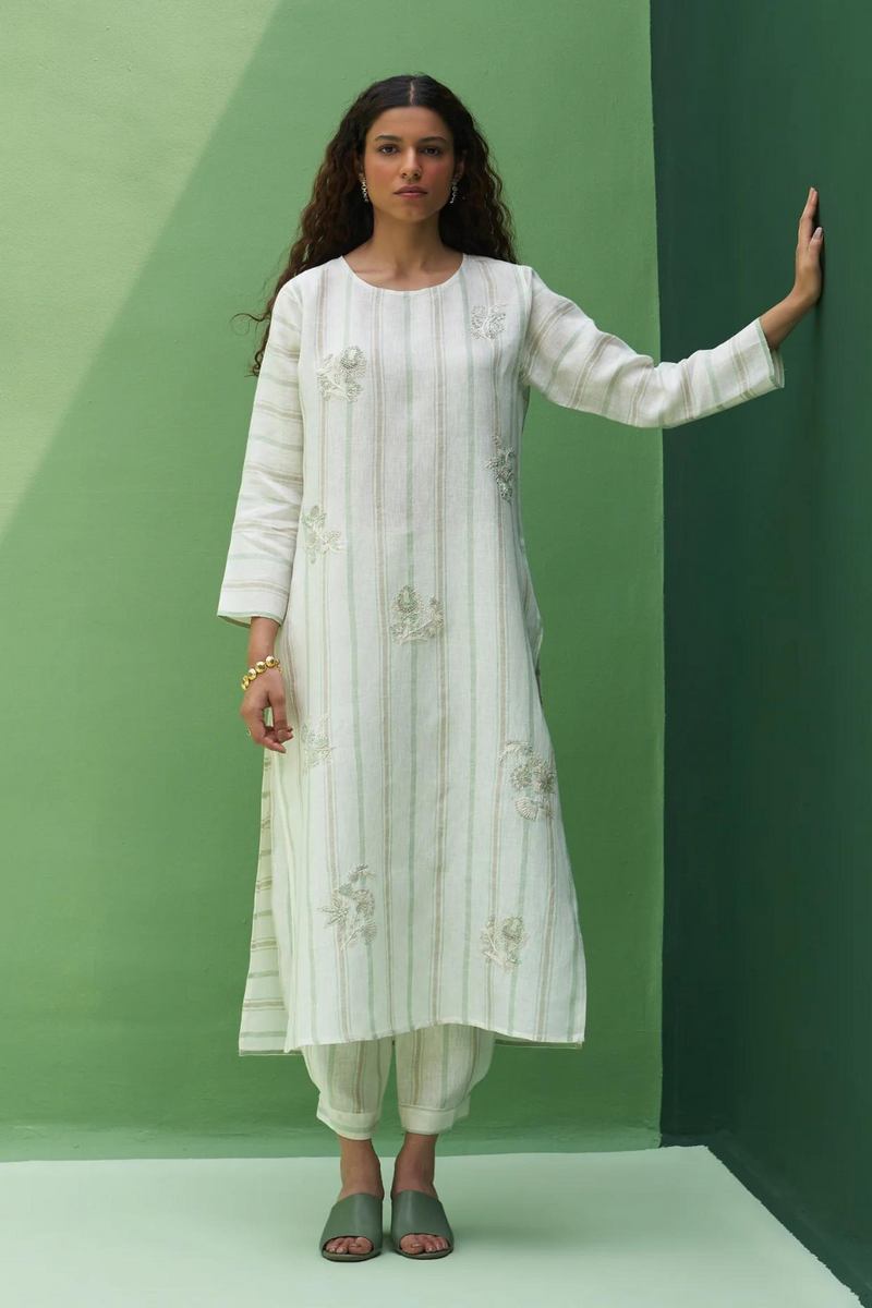 Eiko Striped Linen Kurta
 - Mint linen by Manan in mint color for women Worldwide