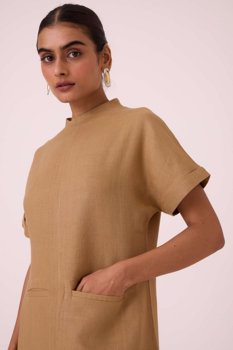 Salome Tan Linen Dress linen by The Summer House in olive color for women Worldwide