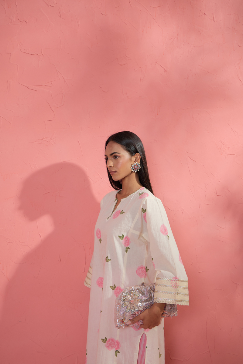 Gul Rose Set 3 cotton cambric light kurta set by AAVIDI in off white for women Worldwide