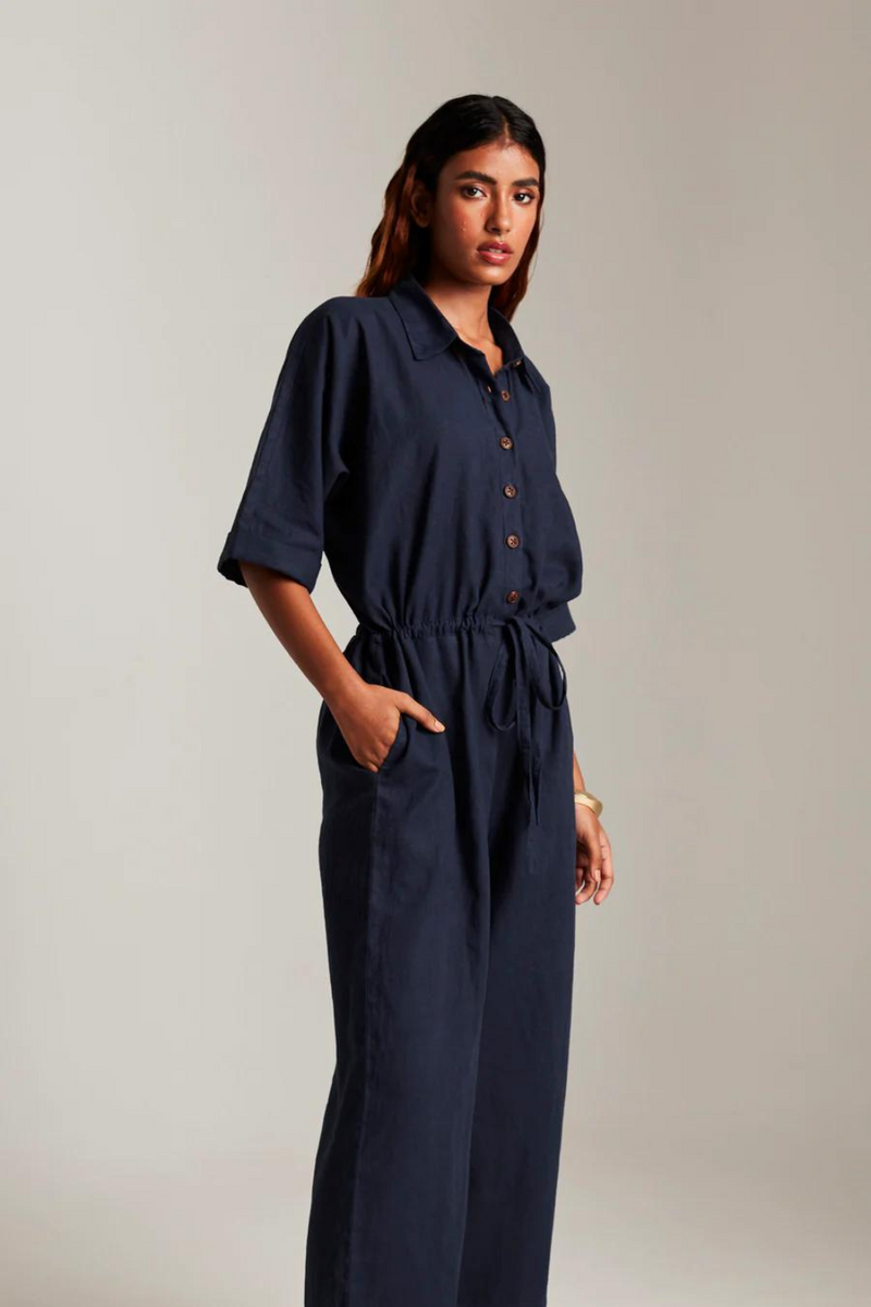 Navy Co-Linen Boilersuit cotton by Saphed in navy color for women Worldwide