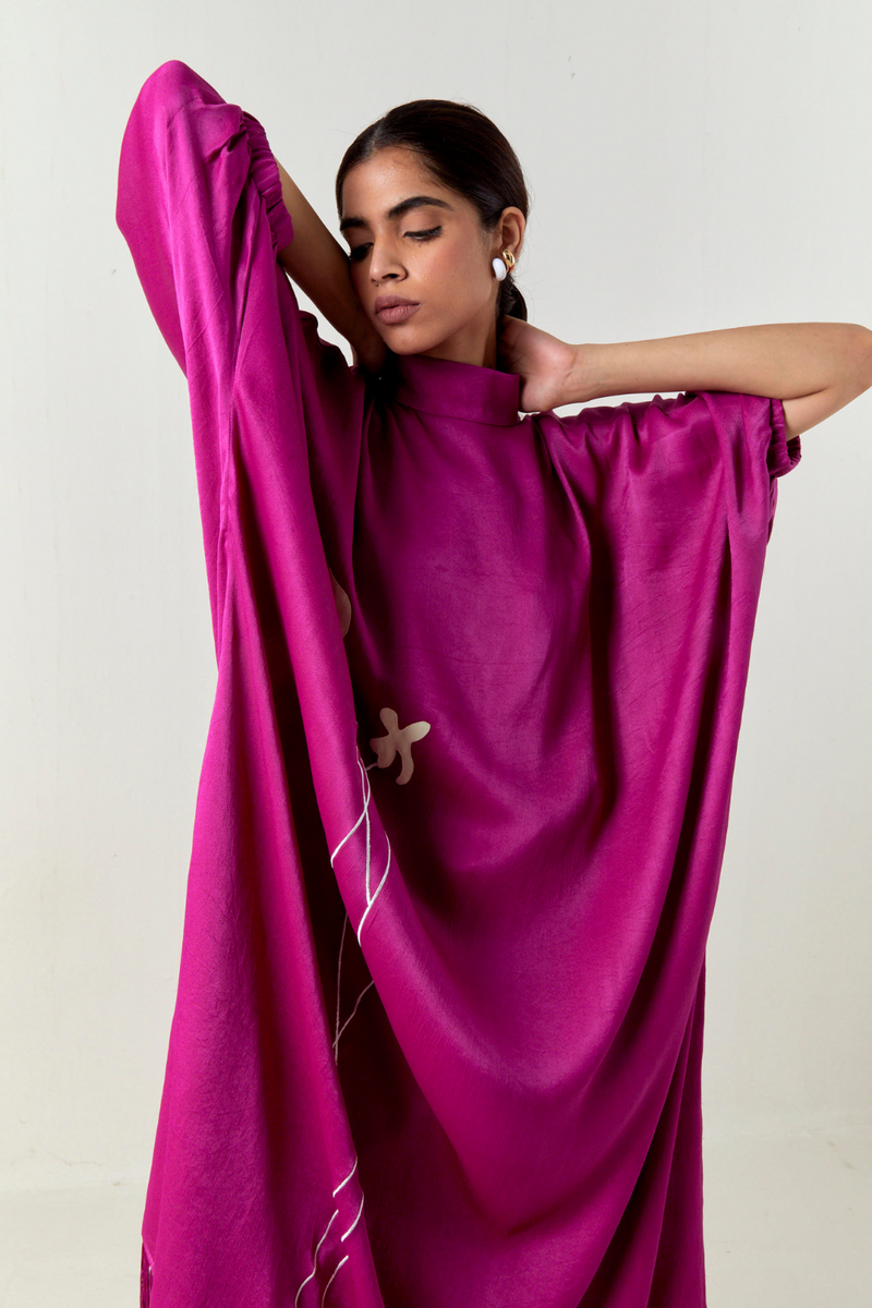 FLORAL FRINGE KAFTAN CO-ORD-FUCHSIA satin by THREE for women Worldwide