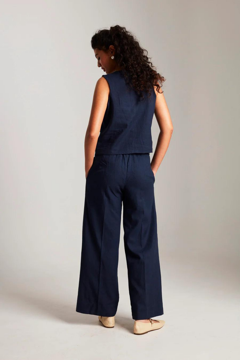 Navy Co-Linen Pleated Trousers cotton by Saphed in navy color for women Worldwide