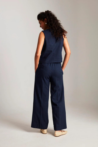 Navy Co-Linen Pleated Trousers