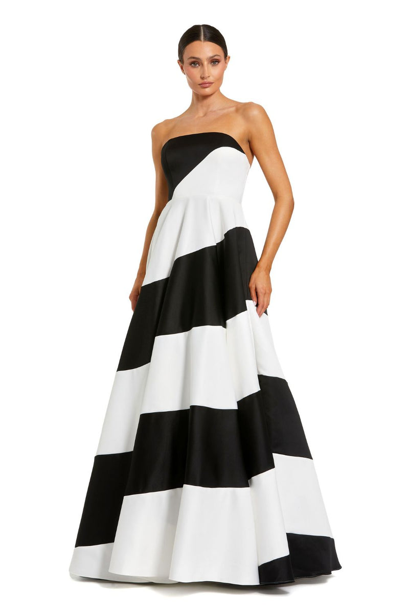 56190-Black and White Striped Satin Strapless Ball Gown satin by Mac Duggal in ivory color for women Worldwide