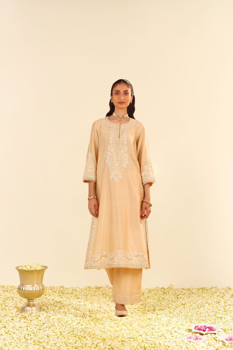 Sereen - A-Line Kurta With Palazzo And Dupatta-Beige silk by SHEETAL BATRA in beige color for women Worldwide