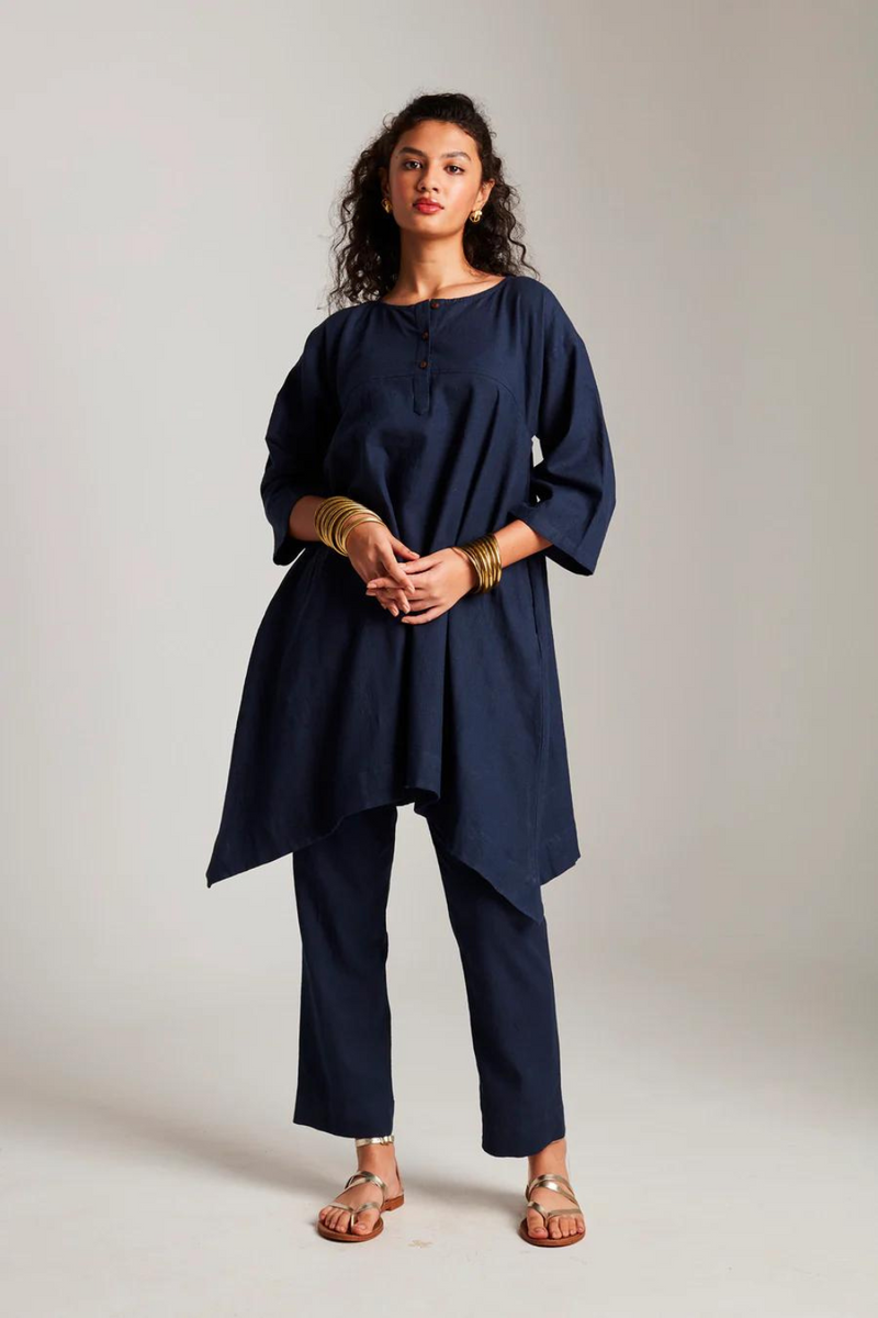 Navy Co-Linen High Low Kurta cotton by Saphed in navy color for women Worldwide