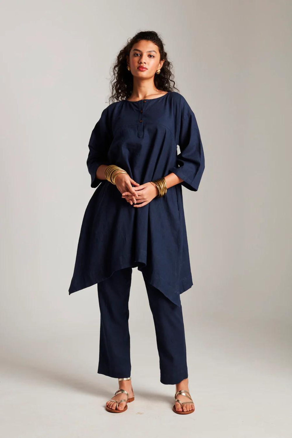 Navy Co-Linen High Low Kurta