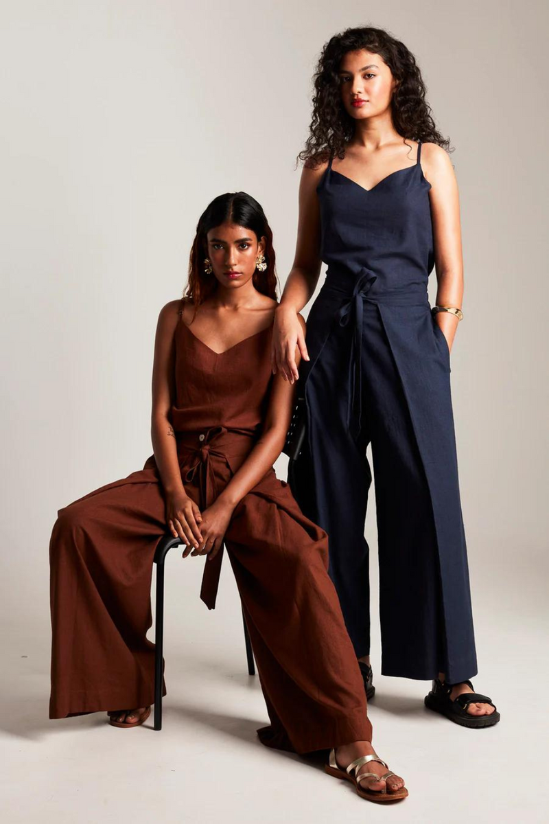 Mocha Co-Linen Wrap Pants cotton by Saphed in brown color for women Worldwide