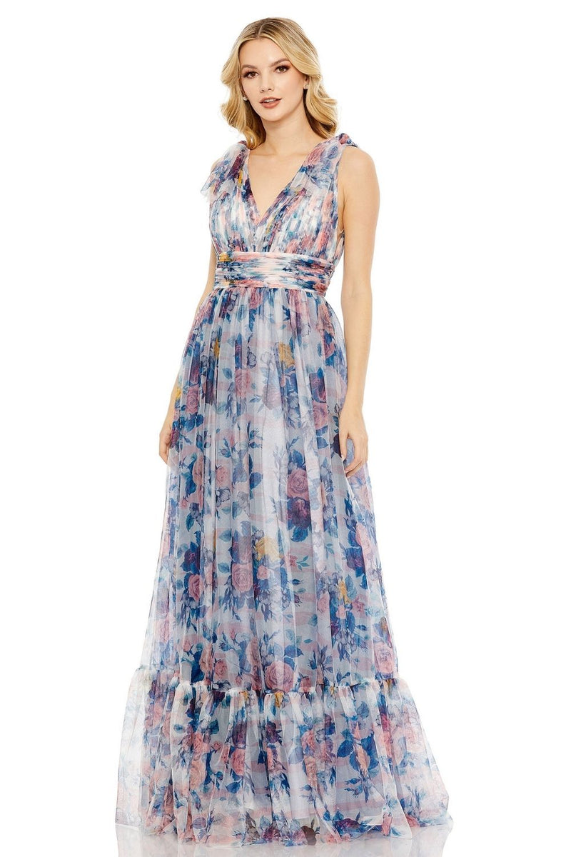 MD-11332 Printed Long Dress-Blue by Mac Duggal in blue color for women Worldwide