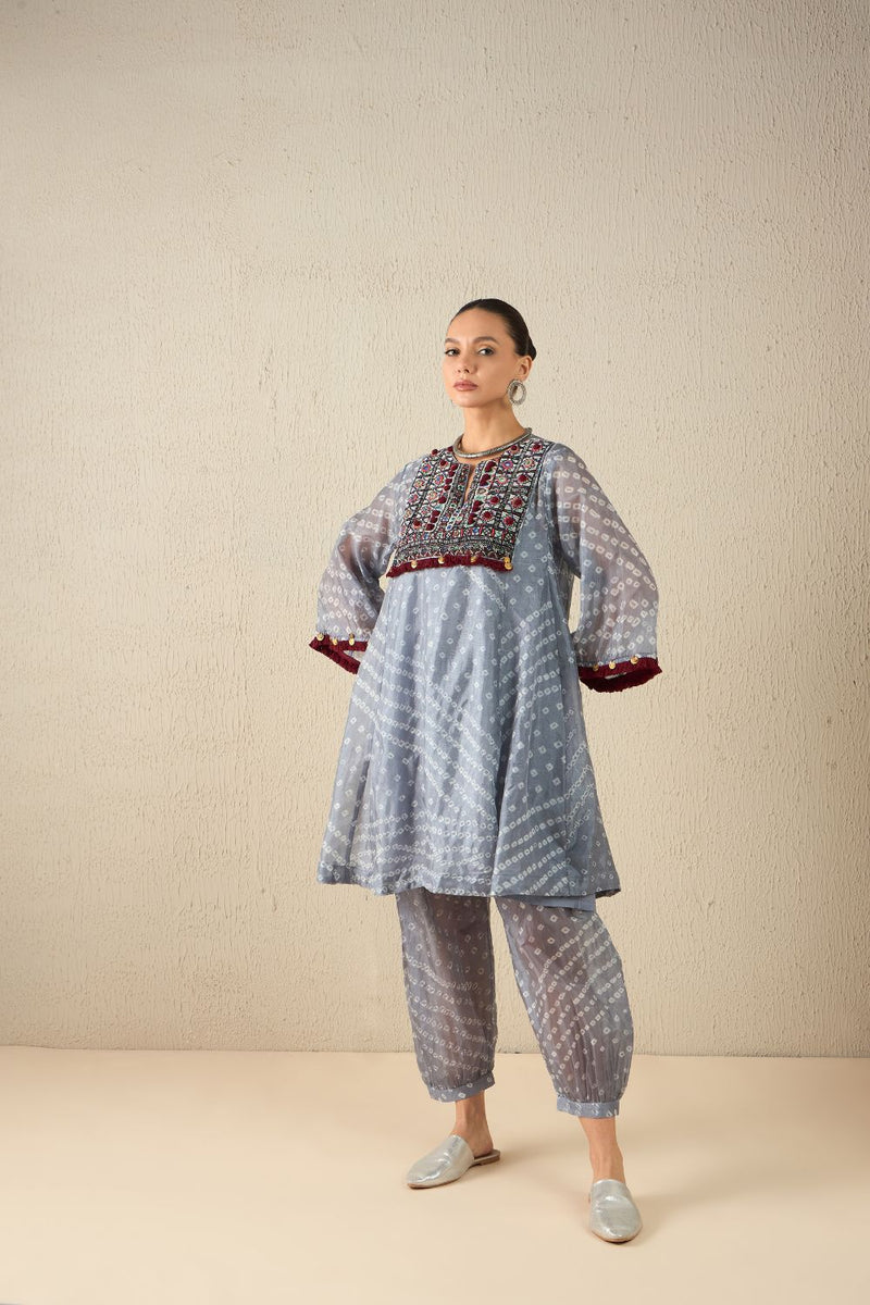 AFGHANI BANDHANI SET - Light Grey silk by Aavidi in yellow color for women Worldwide
