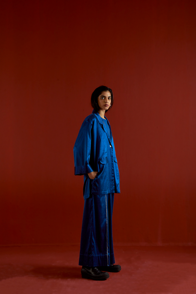 WIDE SLEEVE JACKET CO-ORD-ELECTRIC BLUE satin by THREE in blue color for women Worldwide
