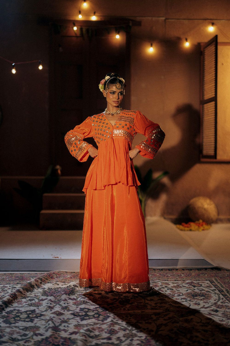 Mangala Peplum Co-ord Set- Orange silk by PRAHNAAYA in orange color for women Worldwide