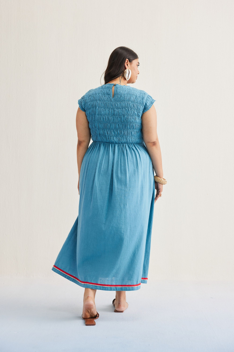 The Azure Handwoven Kala Cotton Maxi Dress cotton by SUI in blue color for women Worldwide