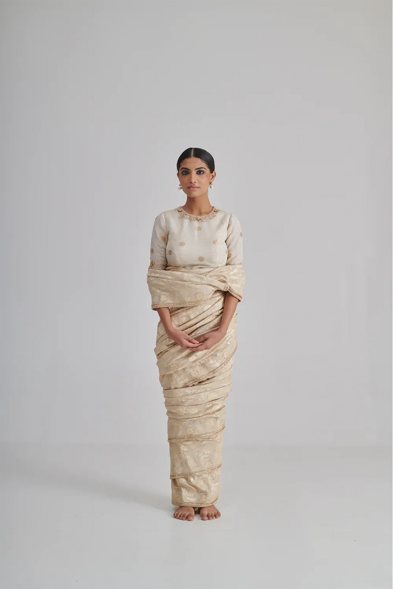 BANO & SIYA SAREE & BLOUSE silk by Rashika Mittal in ivory color for women Worldwide