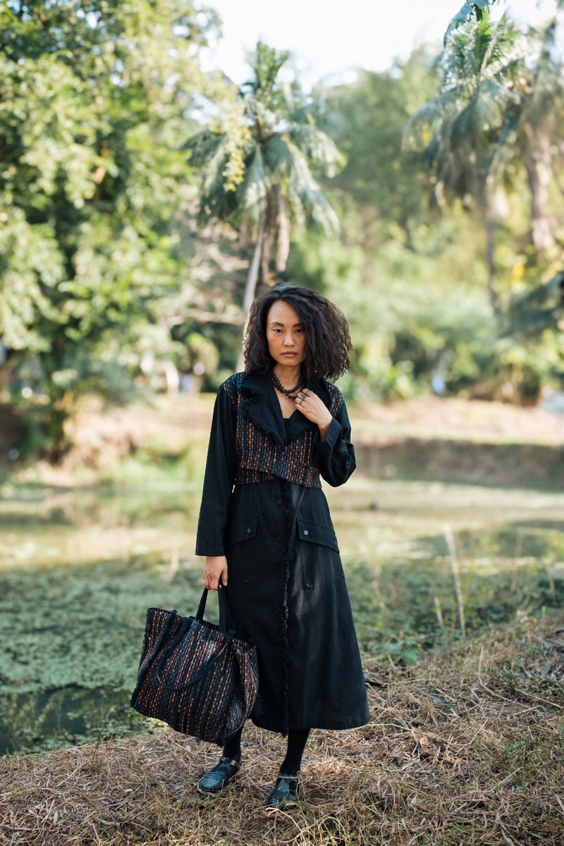Upcycled Handwoven Copenhagen Trench - Black Copper cotton by The Terra Tribe in black color for women Worldwide